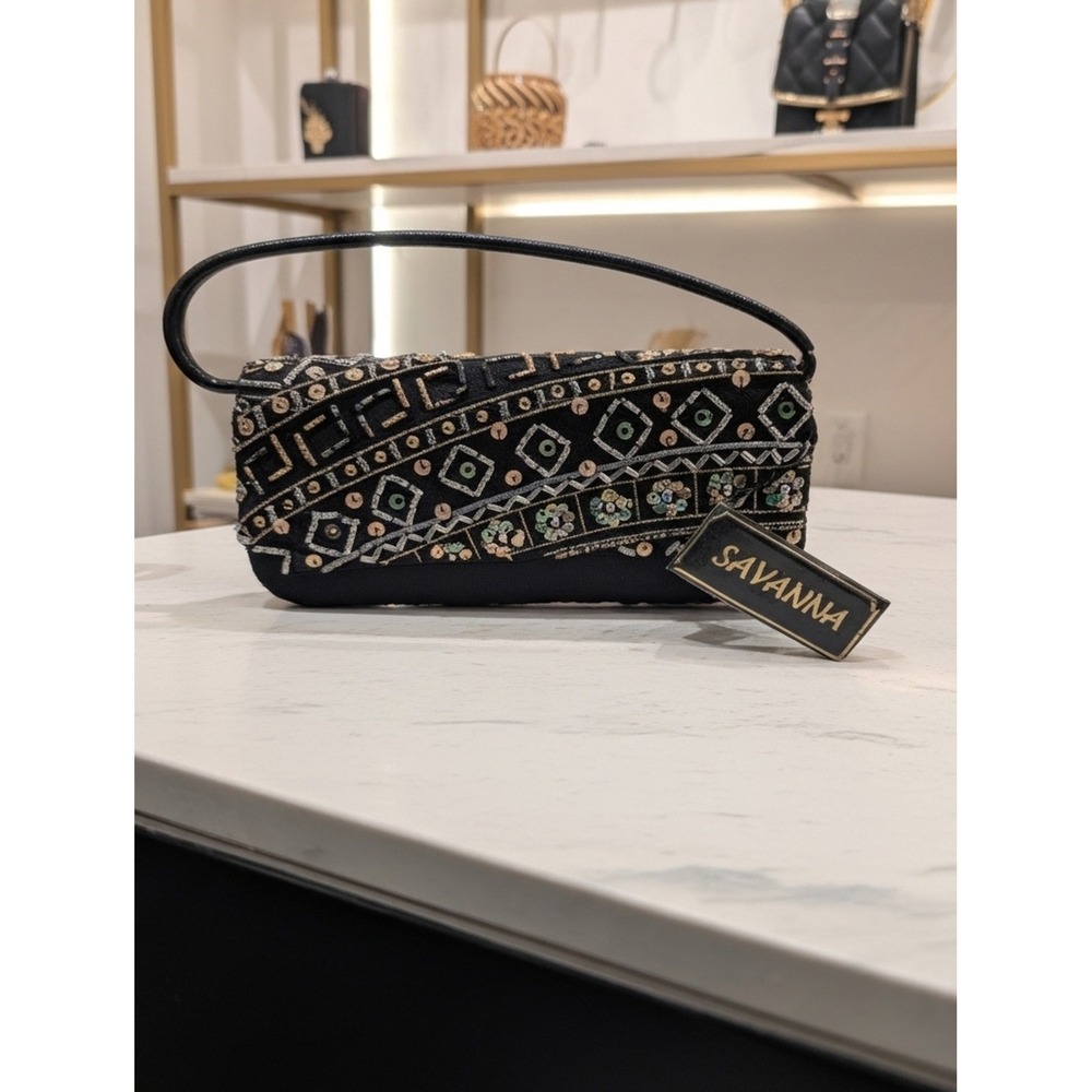 NWT Savanna Black Satin Beaded Evening‎ Clutch Bag Y2K Prom Dark Academia